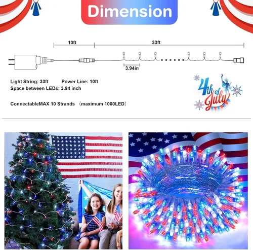 Vista 6 de JMEXSUSS - Paquete de 2, luces LED rojas, blancas y azules de 100, 10 metros, cadena de luces del 4 de julio para exteriores, 8 modos de luces