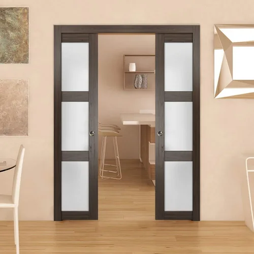 Vista 2 de Panel de puerta de granero de losa de vidrio esmerilado de 42 x 84 pulgadas Lucia 2552 ceniza de chocolate Puertas con acabado resistente