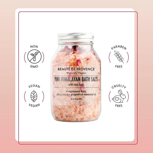 Vista 5 de Beaute DE Provence Sal de baño rosa del Himalaya con pétalos de rosa, aromaterapia y relajación 100% natural, sales de baño de aceite esencial