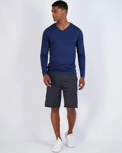 Vista 5 de Real Essentials Paquete de 4 camiseta deportiva de manga larga con cuello en V para hombre, de ajuste seco, para exteriores, UPF 50+