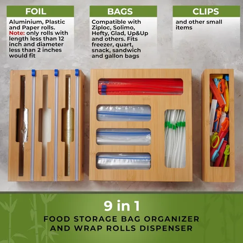 Vista 4 de Organizador de cajones de cocina, organizador de bolsas de almacenamiento de sándwiches 9 en 1 y dispensador de papel de aluminio, se adapta a un
