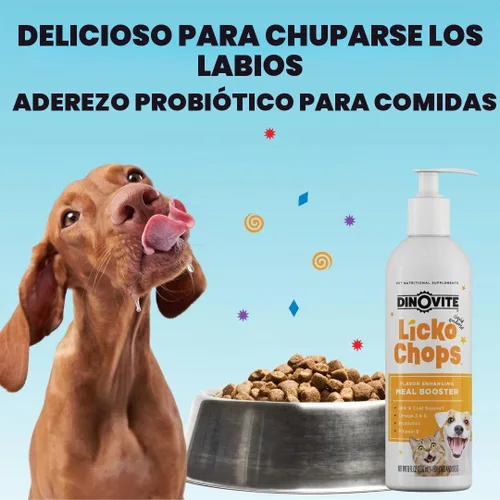 Vista 6 de Dinovite Lickochops - Suplemento para perros y gatos mejorado con omega-6, 3 ácidos grasos, probióticos y vitamina E, 16 onzas con bomba
