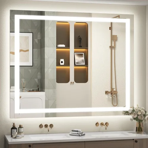 Vista 11 de Espejo de baño LED iluminado de 30 x 30 pulgadas para pared, espejo cuadrado de tocador con luces, regulable, antivaho, a prueba de roturas