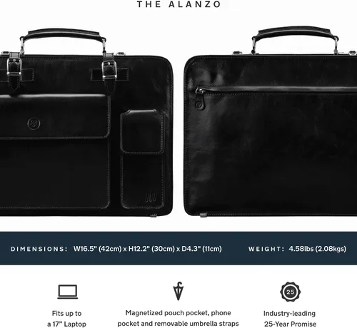 Vista 4 de Maxwell Scott - Maletín cuadrado grande de cuero italiano de lujo para hombre, cierre de cremallera, hecho a mano en Italia - The Alanzo