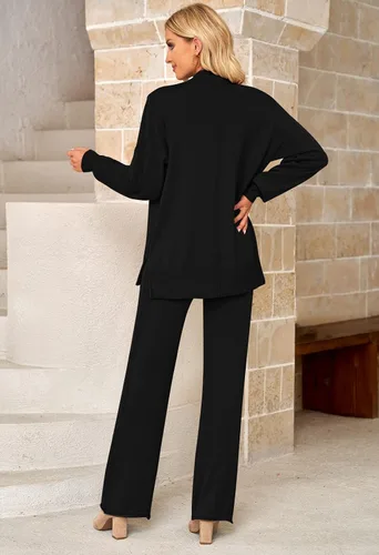 Vista 7 de Viottiset Conjunto de 2 piezas de suéter para mujer, pantalones de pierna ancha, cuello alto, ropa de descanso