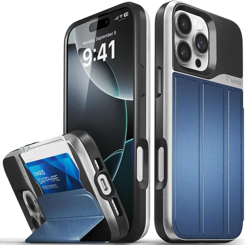 Vista 36 de VENA vCommute - Funda tipo cartera para iPhone 15, [protección contra caídas de grado militar] Funda de cuero con ranura para tarjetas con soporte