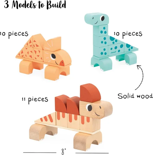 Vista 4 de Janod Dino - Bloques apilables de dinosaurio de madera de 31 piezas - Monta 3 dinosaurios lindos - Edades 2-5 años - J05833 Build 3 Cute Dinosaurs
