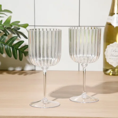 Vista 5 de Jingmore Paquete de 12 copas de vino de plástico acanaladas con tallo de 11 onzas, copas de vino desmontables, desechables, estilo vintage