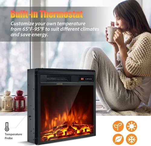 Vista 9 de Tangkula - Chimenea eléctrica empotrada de 18 pulgadas, calentador de chimenea independiente de 1500 W con efecto de llama ajustable y temperatura