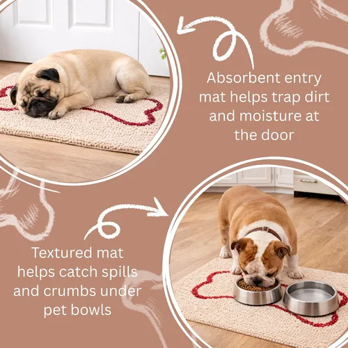 Vista 2 de Soggy Doggy Slopmat – Beige/Red Bone – 18 x 24 pulgadas – Tapete de puerta absorbente de agua para patas fangosas y cuencos de comida/agua – Felpudo