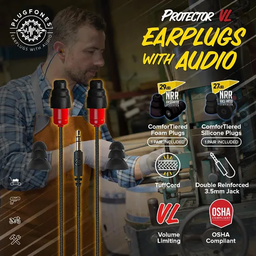 Vista 2 de Plugfones Protector Volume Limited Audio Earbuds, tapones para los oídos compatibles con OSHA con sonido, negro y rojo