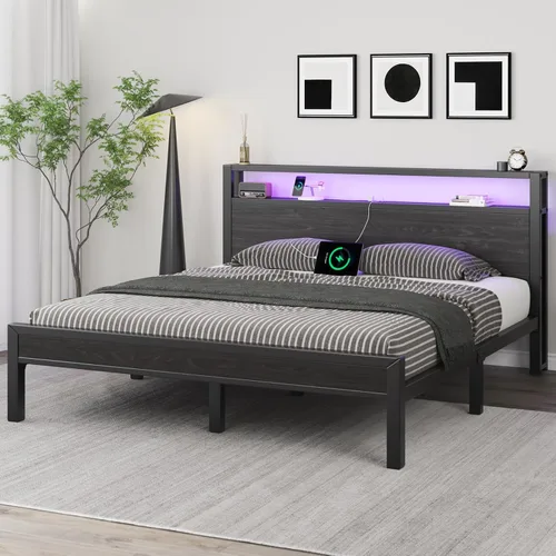 Vista 64 de LOEWAY Base de cama tamaño Queen con cabecero de almacenamiento y luces LED, color gris