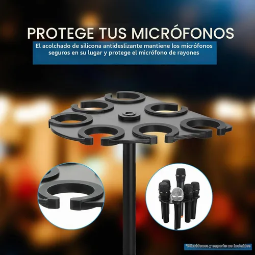 Vista 5 de Soporte de micrófono múltiple para micrófonos con cable e inalámbricos, organiza hasta 7 micrófonos, aluminio, negro