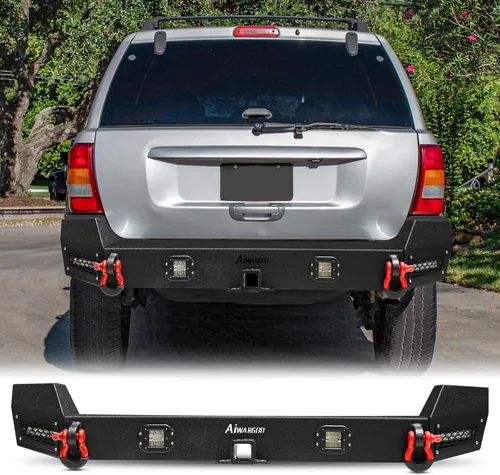 Vista 6 de Parachoques trasero compatible con parachoques trasero Grand Cherokee WJ de acero negro 1999 2000 2001 2002 2003 2004 con placa de cabrestante