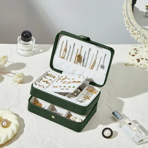 Vista 7 de Estuche organizador de joyas de viaje de piel sintética para mujeres y niñas, joyero portátil de 2 capas para aretes, anillos, collares, pulseras