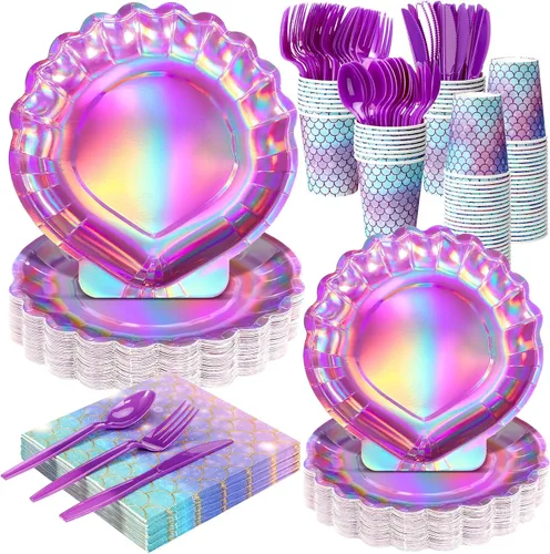 Vista 7 de 144 piezas de suministros para fiesta de sirenas, decoraciones temáticas de sirenas, juego de vajilla para fiesta bajo el mar, incluye platos