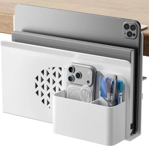 Vista 8 de Almacenamiento lateral de escritorio, soporte de metal para portátil con caja magnética para bolígrafos, organizador con abrazadera debajo