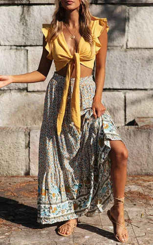 Vista 2 de ZESICA - Falda larga, estilo bohemio, estampado floral, acampanada, con cintura elástica y bolsillos