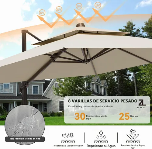 Vista 3 de Sombrilla voladiza para patio, 9 x 12 pies, sombrilla giratoria Beige