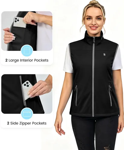 Vista 5 de Little Donkey Andy Chaleco Softshell Ligero para Mujer, Chaqueta sin Mangas Resistente al Viento para Correr, Senderismo y Viajes Negro
