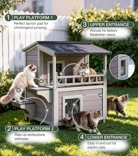 Vista 2 de GUTINNEEN Casa de Gatos al Aire Libre Resistente al Agua, Refugio para Gatos Ferales con Balcón, Refugio de Madera para Gatos Impermeable
