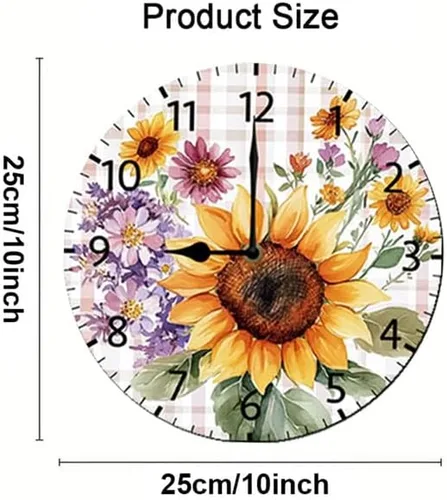 Vista 6 de Reloj de pared de madera de girasol, relojes de pared de granja, funciona con pilas, reloj de pared analógico de 10 pulgadas, reloj de pared