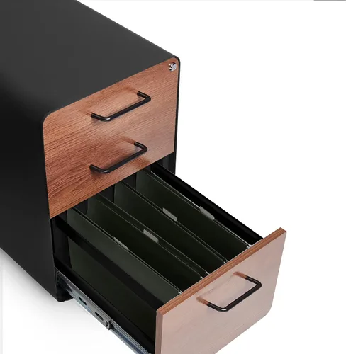 Vista 5 de Poppin Archivador de 3 cajones, color negro + nogal, 2 cajones utilitarios y 1 cajón para colgar, totalmente pintado por dentro y por fuera, acero