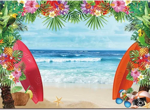 Vista 9 de HQM Fondo de fotos con temática de playa tropical de verano, 5 x 3 pies, tela para conchas de playa, Hawaii, flor de mar azul, para niños