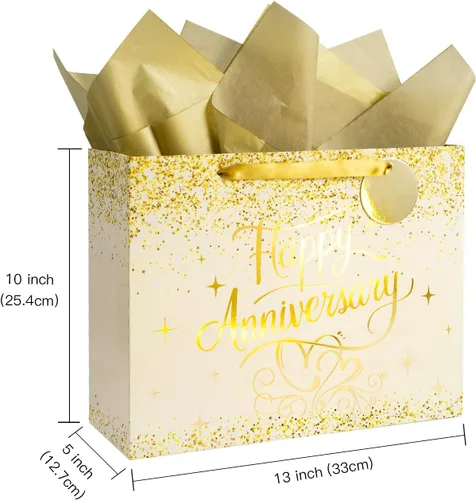Vista 8 de LeZakaa Bolsa de aniversario de boda de 13 pulgadas con papel de seda, etiqueta y tarjeta de felicitación, bolsa de regalo con purpurina dorada
