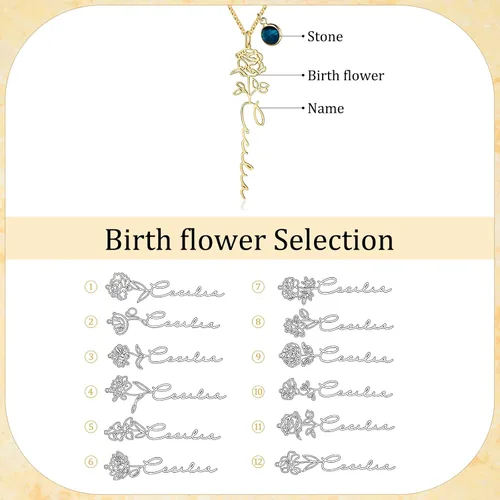Vista 3 de Collar de nacimiento floral personalizado con nombre grabado y piedra natal, collar de promesa personalizado para mujeres, novia, mamá, esposa