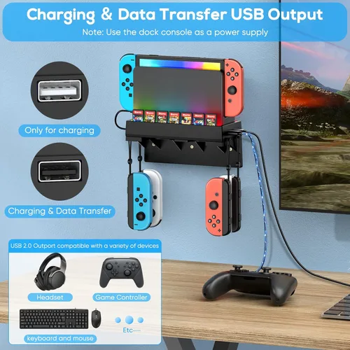 Vista 5 de Kit de montaje en pared para Nintendo Switch y OLED, soporte de consola de muelle de interruptor, accesorios de interruptor con 7 modos de luz, 7