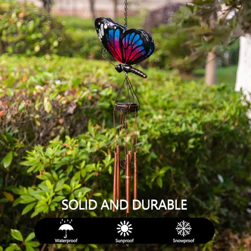 Vista 5 de Campanillas de viento solares para exteriores, diseño de mariposa, decoración exterior para patio, porche, jardín (azul)