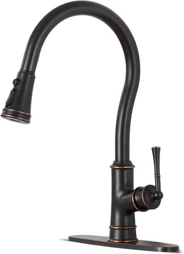 Vista 10 de Grifo de cocina con rociador extraíble, grifo de fregadero de cocina de latón vintage dorado de arco alto con placa de cubierta de 1 o 3 agujeros
