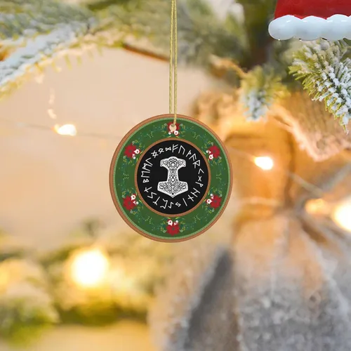 Vista 8 de Vikings Mjolnir y rueda de runa símbolo de mitología nórdica adornos de Navidad, adornos de cerámica, adorno redondo de porcelana, árbol de Navidad