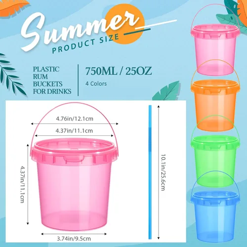 Vista 2 de Funnymoom Paquete de 36 cubos de plástico para ron para bebidas con pajita, cubeta de cóctel para helado, con tapas y asas, recipientes de alimentos