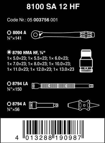 Vista 2 de Wera 05003756001 8100 SA 12 HF Zyklop Juego de trinquete metálico con palanca de interruptor, 1/4" accionamiento, métrico, 13 piezas