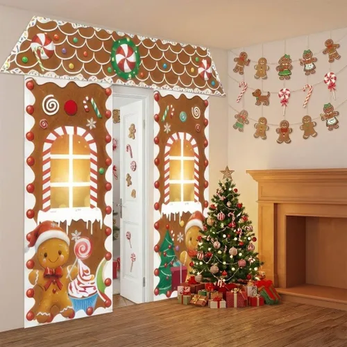 Vista 4 de Puerta de Pan de Jengibre de Navidad con Luces, Decoraciones de Cubierta de Cartón, Letrero de Pancarta de Porche de Dulces de Casa de Pan