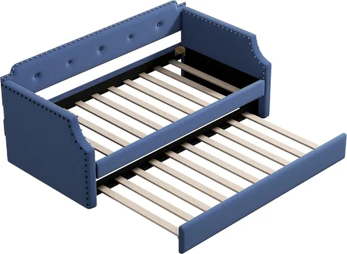 Vista 6 de Sofá cama tapizada con nido, sofá cama de tamaño individual con soporte de listones de madera, marco tapizado de madera para sala de estar, no Azul-2