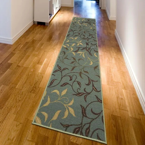 Vista 14 de Ottomanson, colección OttoHome, tapete para corredor con diseño azul claro y damasco (antiderrapante), parte trasera de goma Floral Beige