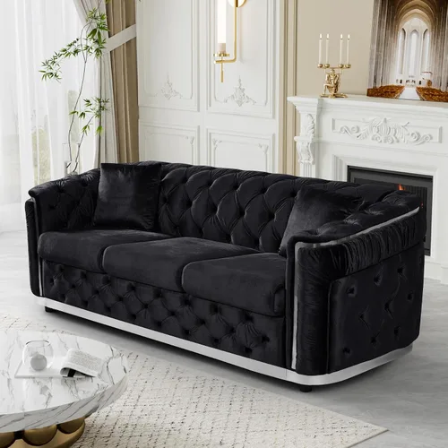 Vista 12 de Sofá Chesterfield de terciopelo de 62.5 pulgadas con respaldo copetudo y detalles dorados, beige Blanco