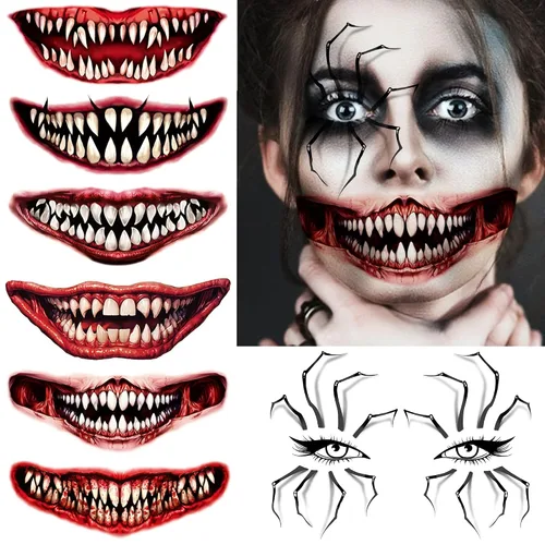 Vista 12 de 52 hojas de tatuajes temporales de Halloween para niños, niñas, mujeres, hombres, adultos, 3D de cara aterradora, calavera, tatuajes falsos