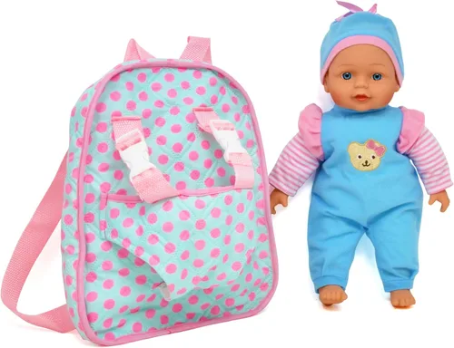 Vista 4 de Muñeca de bebé suave de 13 pulgadas con mochila transportadora rosa para llevar, bolsillo para maletín para accesorios y ropa