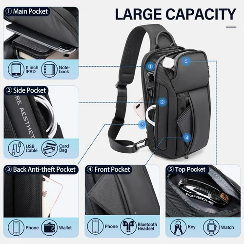 Vista 2 de Tfro & Cile Bolso bandolera para hombre, bolsos cruzados, mochilas de hombro, mochila casual, mochila de pecho negro para senderismo montar