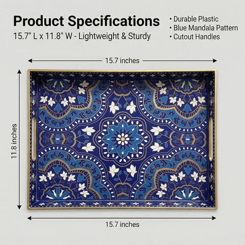 Vista 8 de Bandeja decorativa para servir con asas, 15.7 x 11.8 pulgadas, bandeja rectangular de plástico con patrón de mandala azul, bandeja de mesa auxiliar