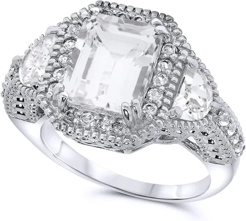 Vista 2 de Jewelry Bliss Anillo de tres piedras de zafiro blanco creado en laboratorio de plata de ley 925 para mujer, Metal Metal Piedra preciosa, Zafiro