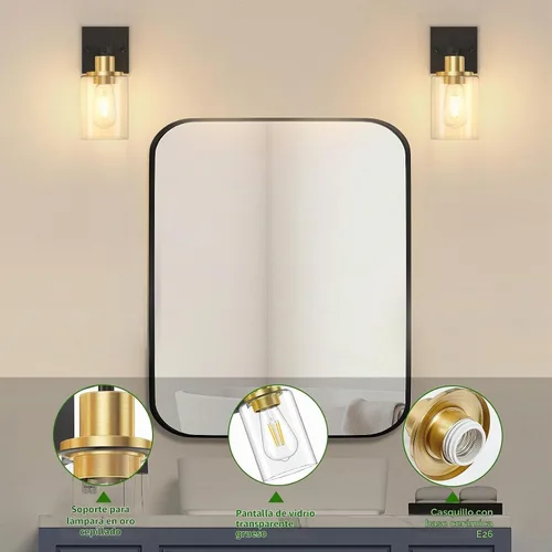 Vista 3 de Licperron Juego de 2 apliques de pared negros y dorados con pantalla de vidrio transparente, accesorios de luz de tocador mate negros, luces