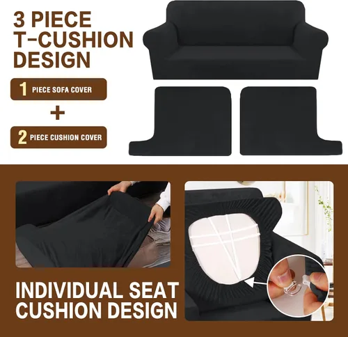 Vista 5 de Funda elástica para sofá con cojín en forma de T, funda para sofá de 3 piezas, funda para sofá de terciopelo grueso, fundas elásticas para sofá