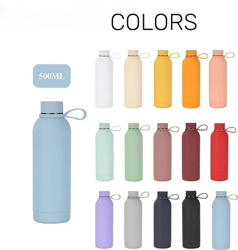 Vista 4 de Botella de agua deportiva de boca estrecha con aislamiento de doble pared de acero inoxidable con asa, frasco de vacío en forma de cola (negro)