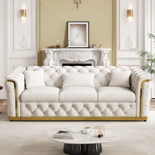 Vista 22 de Sofá Chesterfield de terciopelo de 62.5 pulgadas con respaldo copetudo y detalles dorados, beige Blanco