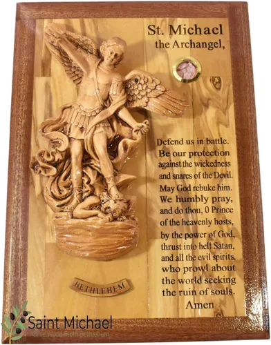 Vista 6 de Escultura genérica de San Miguel para colgar en la pared, madera de olivo, San Miguel Arcángel hecho en Tierra Santa, decoración religiosa